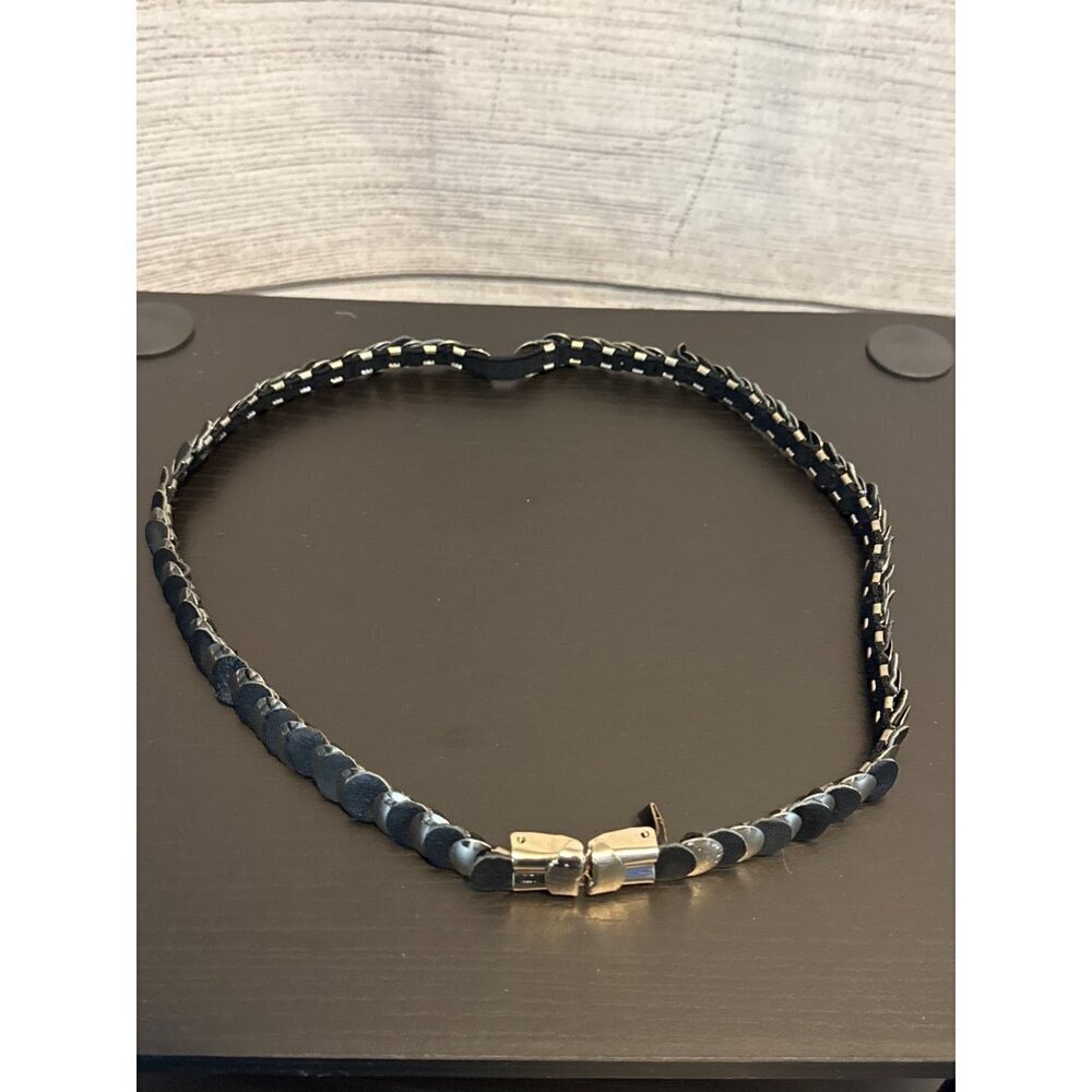 Vintage Silver & Black Leather Belt With Metal Discs & Clasp